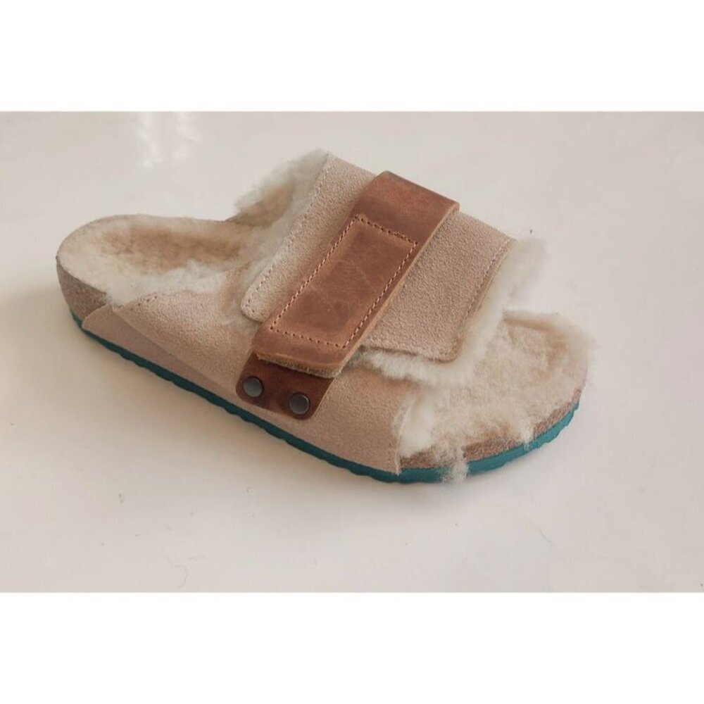 Birkenstock Size 2 Kyoto Teddy Kids Suede Sandals Shearling Lined EU 33 Beige
